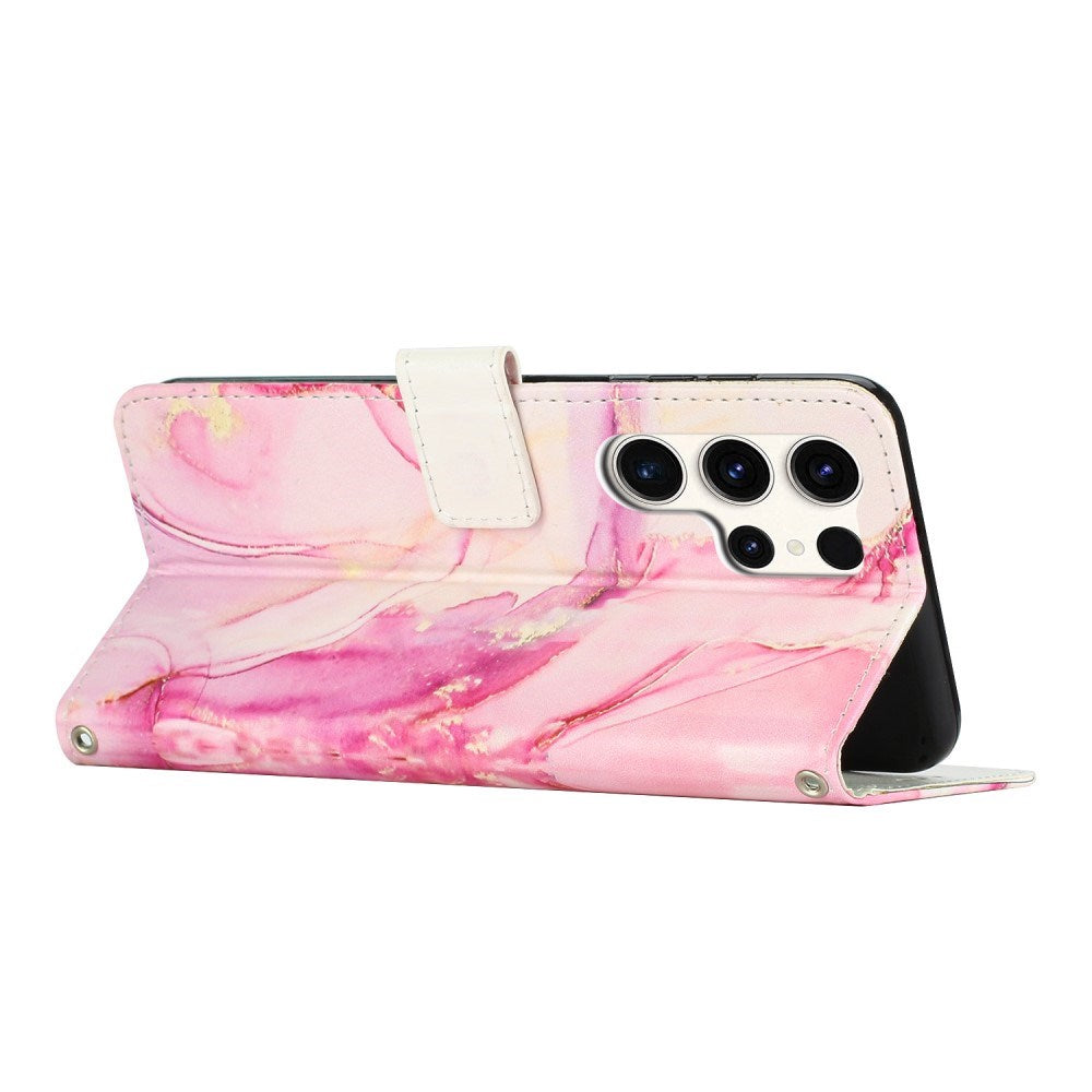 Samsung Galaxy S25 Ultra - EIDERWOOD Marmormønstret Kunstlæder Flip Cover m. Strop - Lyserød