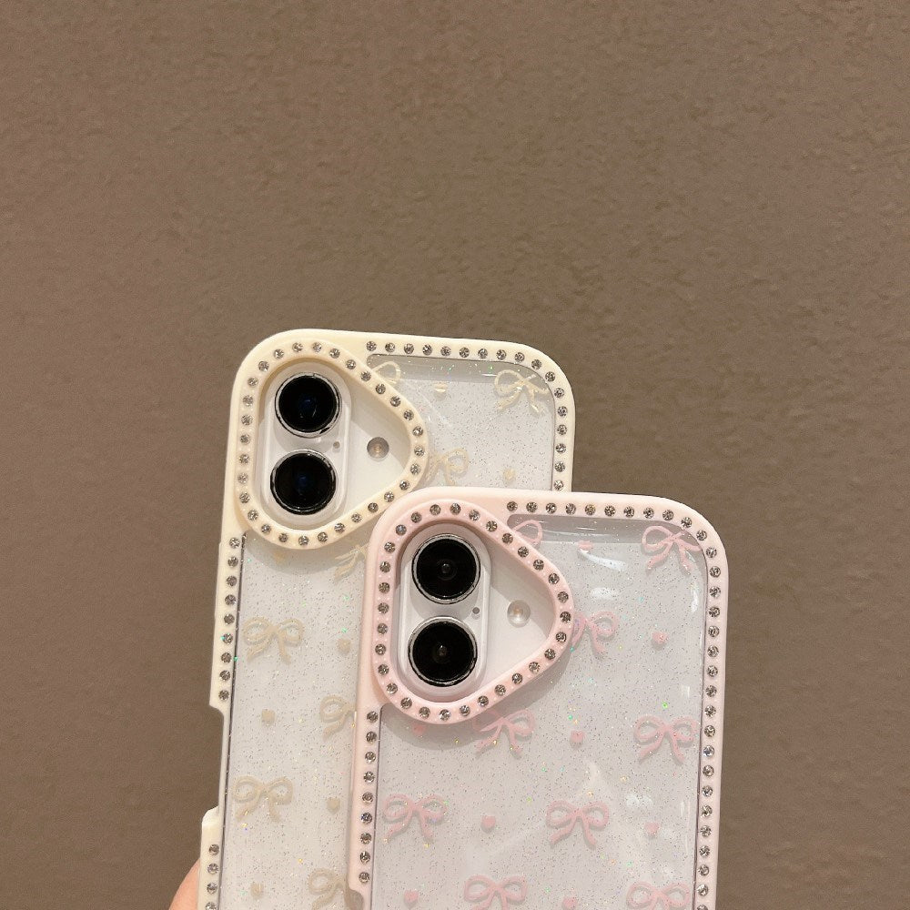 EIDERWOOD iPhone 16 Hybrid Mobil Cover m. Sløjfer og Rhinsten - Gennemsigtig / Lyserød