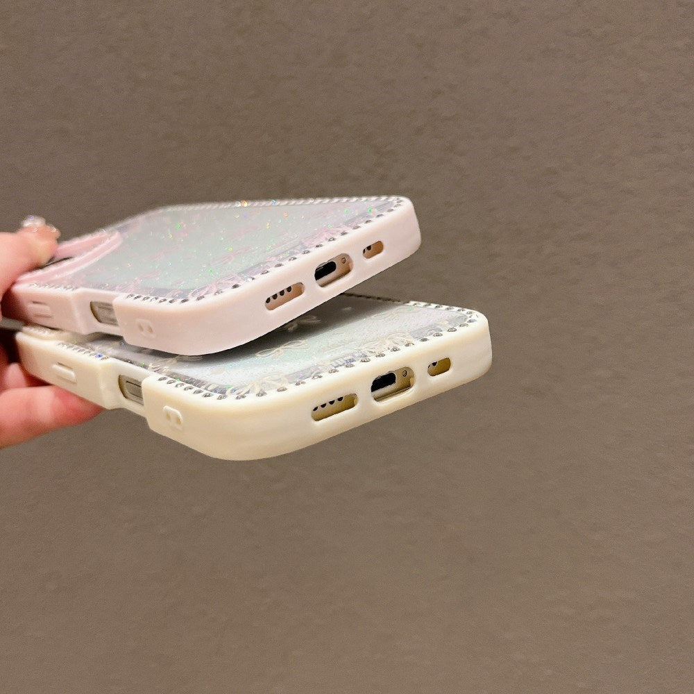 EIDERWOOD iPhone 16 Hybrid Mobil Cover m. Sløjfer og Rhinsten - Gennemsigtig / Lyserød