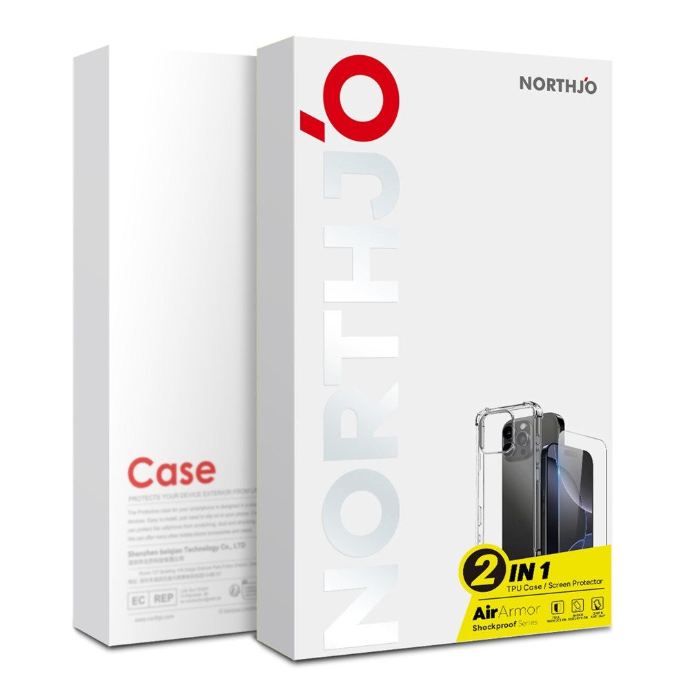 iPhone 17e / 16e NORTHJO 2-i-1 Beskyttelsessæt m. Stødabsorberende Fleksibelt Plastik Cover & Hærdet Skærmbeskyttelsesglas - Gennemsigtig