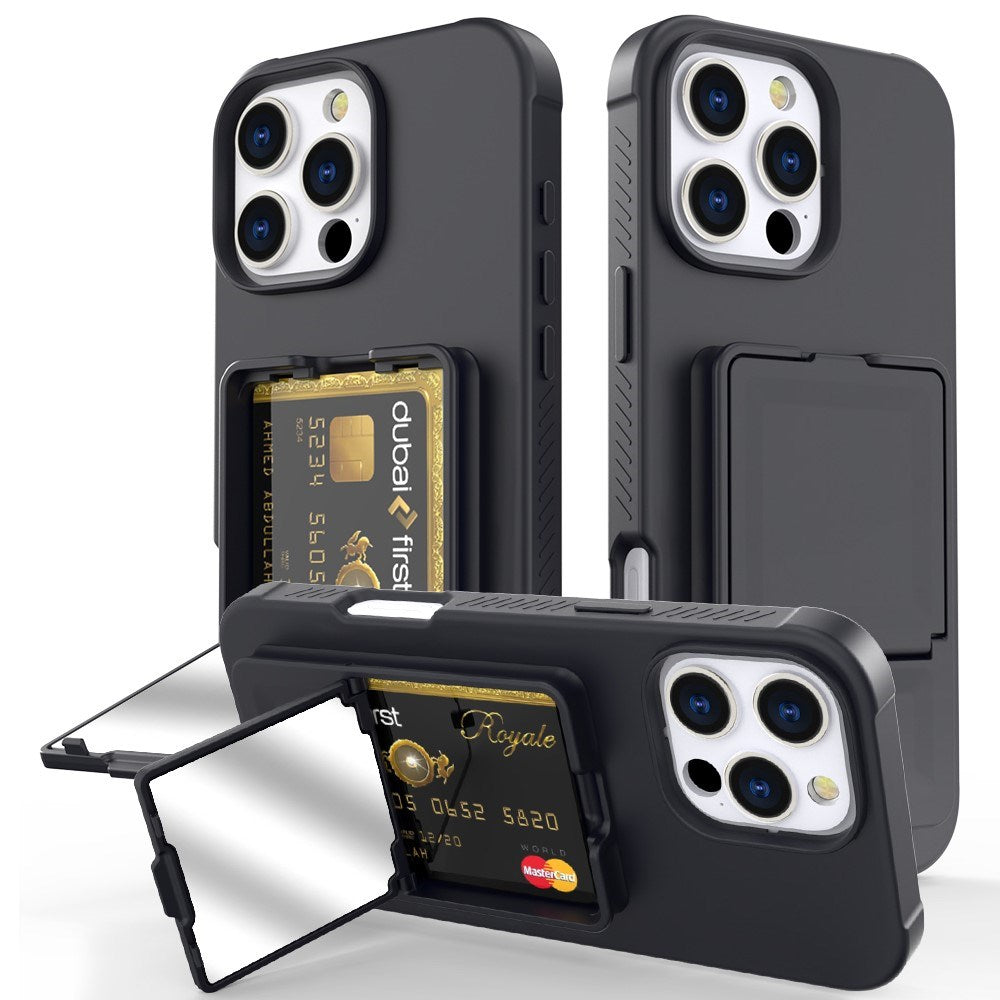 EIDERWOOD iPhone 16 Pro Fleksibelt Plastik Mobil Cover m. Kortholder & Indbygget Spejl - Sort