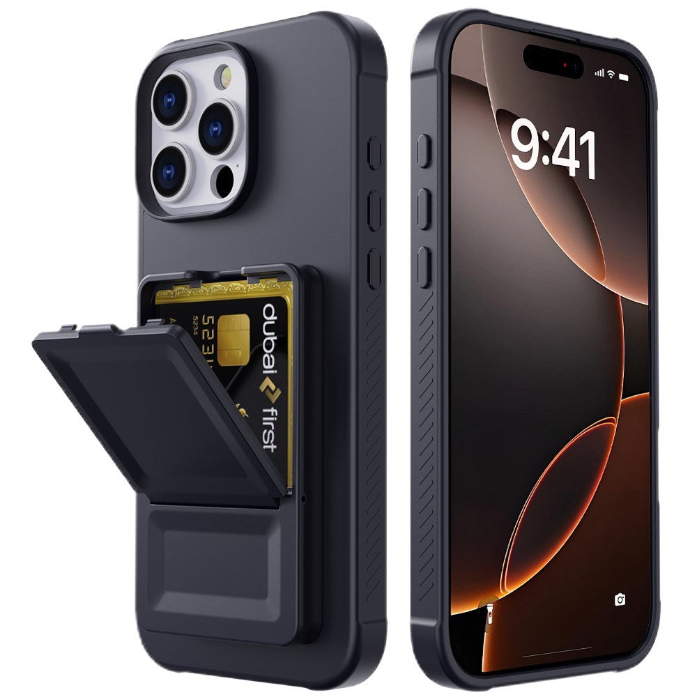EIDERWOOD iPhone 16 Pro Fleksibelt Plastik Mobil Cover m. Kortholder & Indbygget Spejl - Sort