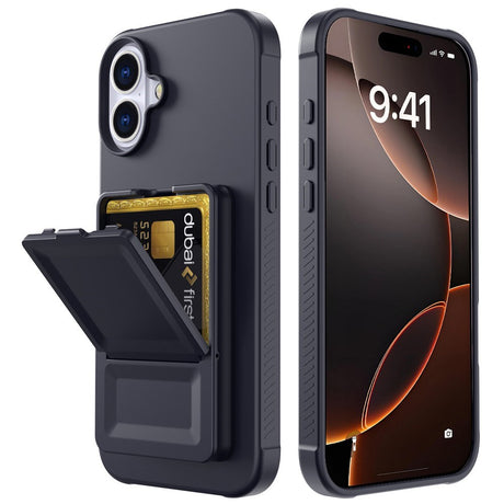 EIDERWOOD iPhone 16 Plus Fleksibelt Plastik Mobil Cover m. Kortholder & Indbygget Spejl - Sort