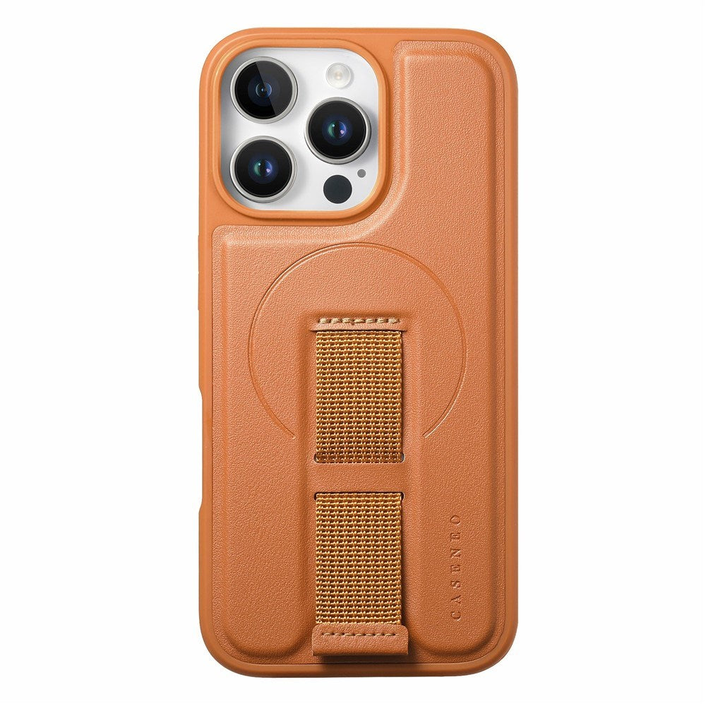 iPhone 16 Pro - Hårdt Plastik Cover m. Kunstlæder Bagside & Fingerrem - MagSafe Kompatibel - Brun