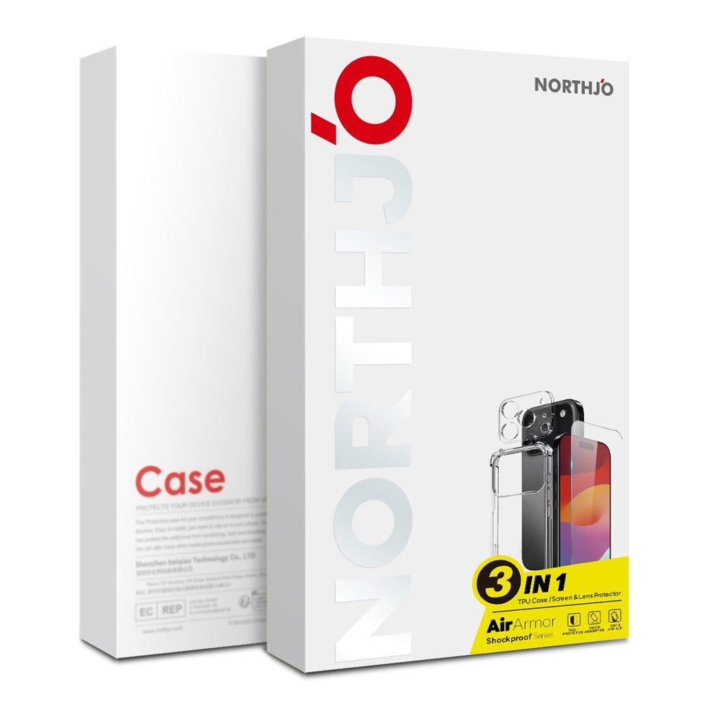 iPhone 17 Pro Max - NORTHJO 3-i-1 Beskyttelsessæt m. Stødabsorberende Fleksibelt Plastik Cover / Hærdet Skærmbeskyttelsesglas / Kameralinsebeskyttelsesglas - Gennemsigtig