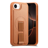 iPhone 17e / 16e - Hårdt Plastik Cover m. Kunstlæder Bagside & Fingerrem - MagSafe Kompatibel - Brun