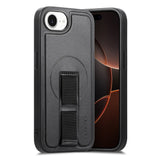 iPhone 16e - Hårdt Plastik Cover m. Kunstlæder Bagside & Fingerrem - MagSafe Kompatibel - Sort