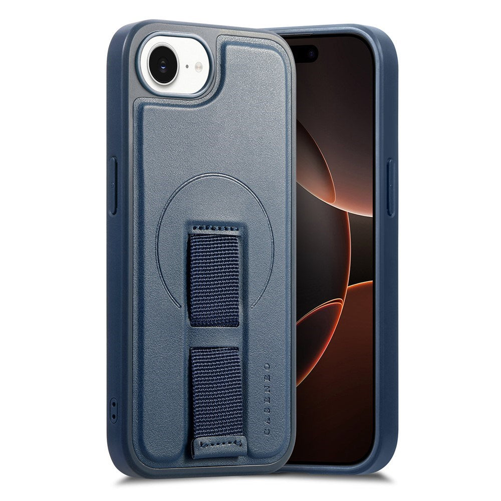 iPhone 17e / 16e - Hårdt Plastik Cover m. Kunstlæder Bagside & Fingerrem - MagSafe Kompatibel - Blå