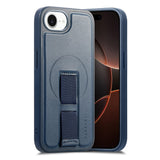 iPhone 17e / 16e - Hårdt Plastik Cover m. Kunstlæder Bagside & Fingerrem - MagSafe Kompatibel - Blå