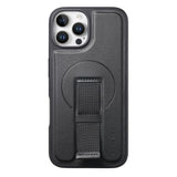iPhone 12 / 12 Pro - Hårdt Plastik Cover m. Kunstlæder Bagside & Fingerrem - MagSafe Kompatibel - Sort