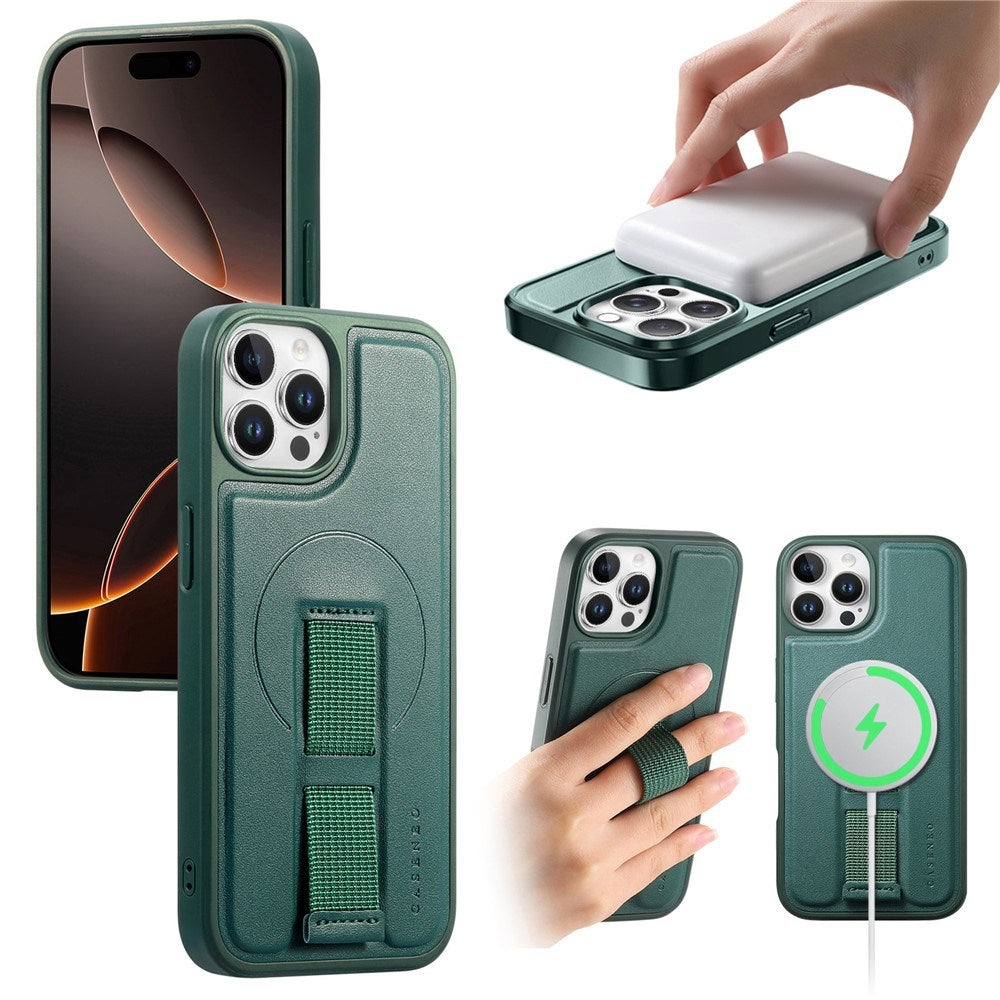 iPhone 12 / 12 Pro - Hårdt Plastik Cover m. Kunstlæder Bagside & Fingerrem - MagSafe Kompatibel - Grøn