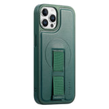 iPhone 12 / 12 Pro - Hårdt Plastik Cover m. Kunstlæder Bagside & Fingerrem - MagSafe Kompatibel - Grøn