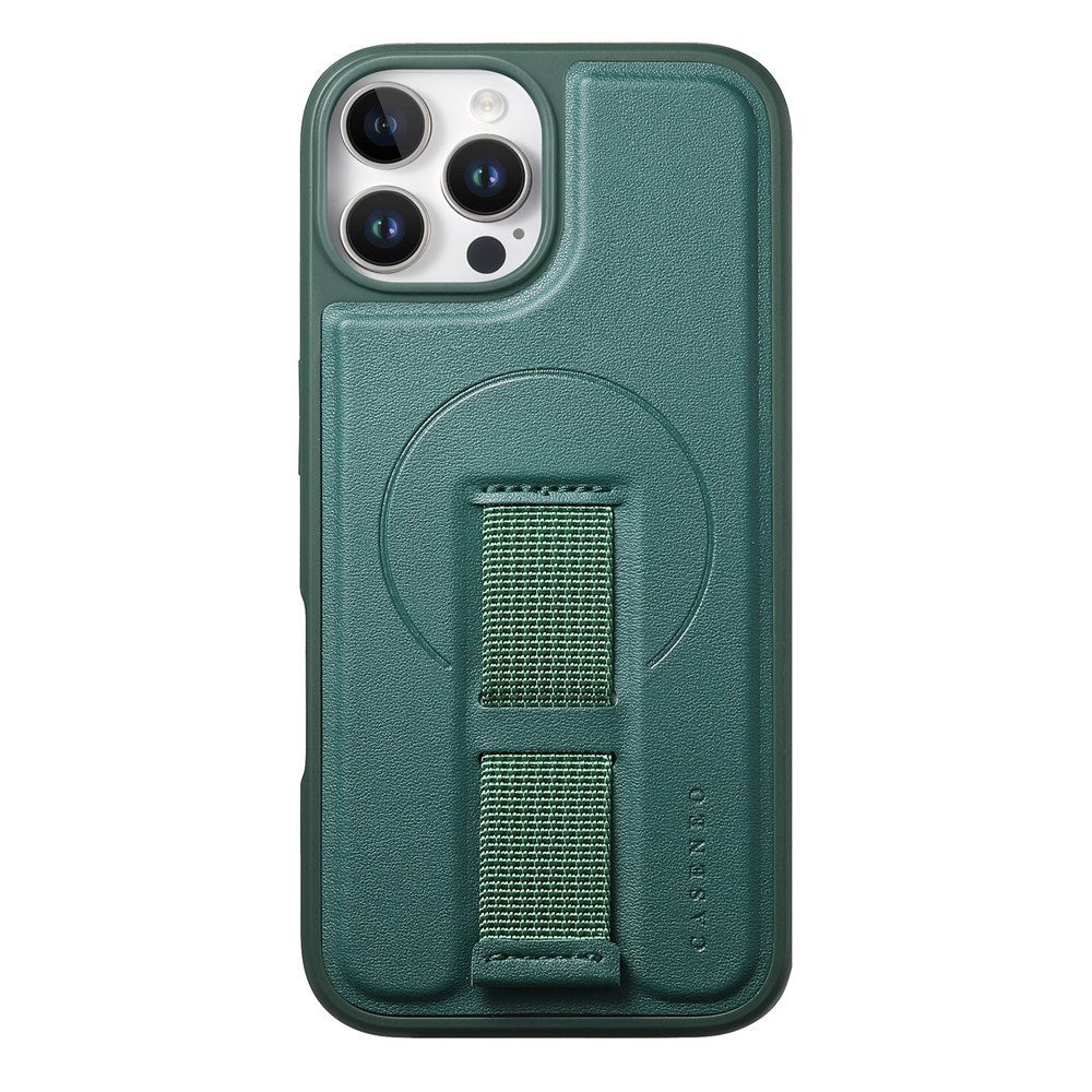 iPhone 12 / 12 Pro - Hårdt Plastik Cover m. Kunstlæder Bagside & Fingerrem - MagSafe Kompatibel - Grøn