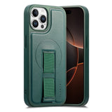 iPhone 12 / 12 Pro - Hårdt Plastik Cover m. Kunstlæder Bagside & Fingerrem - MagSafe Kompatibel - Grøn