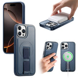iPhone 12 / 12 Pro - Hårdt Plastik Cover m. Kunstlæder Bagside & Fingerrem - MagSafe Kompatibel - Blå