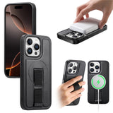 iPhone 14 Pro - Hårdt Plastik Cover m. Kunstlæder Bagside & Fingerrem - MagSafe Kompatibel - Sort