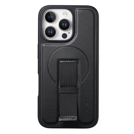 iPhone 14 Pro - Hårdt Plastik Cover m. Kunstlæder Bagside & Fingerrem - MagSafe Kompatibel - Sort