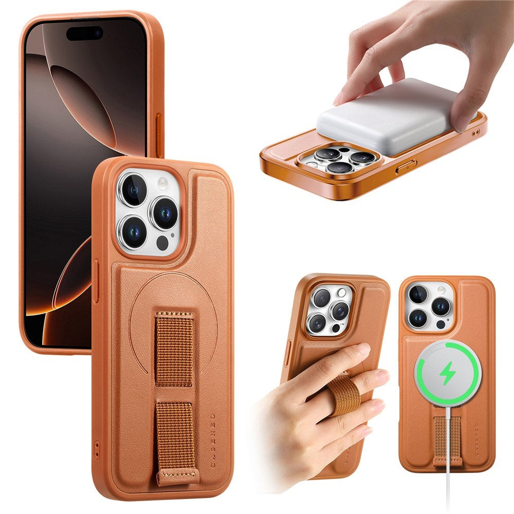 iPhone 15 Pro - Hårdt Plastik Cover m. Kunstlæder Bagside & Fingerrem - MagSafe Kompatibel - Brun