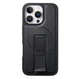 iPhone 15 Pro - Hårdt Plastik Cover m. Kunstlæder Bagside & Fingerrem - MagSafe Kompatibel - Sort