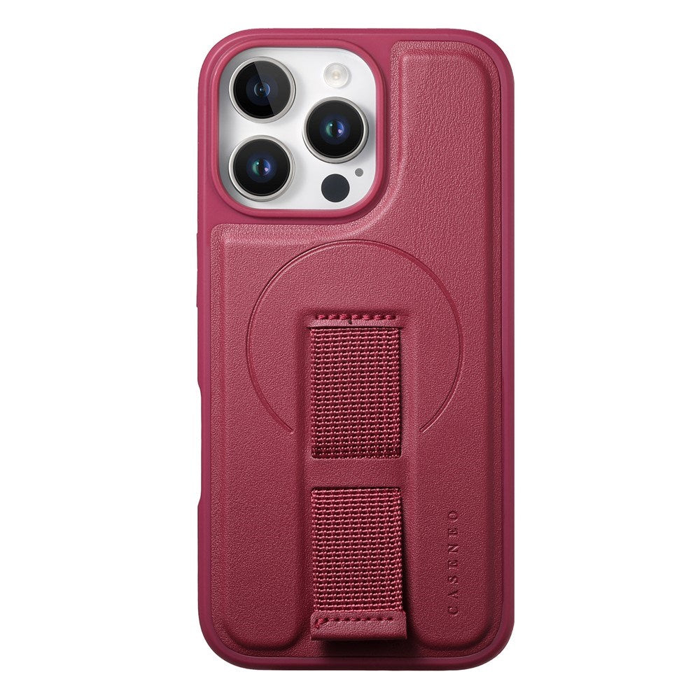 iPhone 15 Pro - Hårdt Plastik Cover m. Kunstlæder Bagside & Fingerrem - MagSafe Kompatibel - Rød