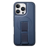 iPhone 15 Pro - Hårdt Plastik Cover m. Kunstlæder Bagside & Fingerrem - MagSafe Kompatibel - Blå