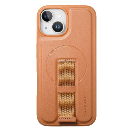 iPhone 15 - Hårdt Plastik Cover m. Kunstlæder Bagside & Fingerrem - MagSafe Kompatibel - Brun