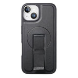iPhone 15 - Hårdt Plastik Cover m. Kunstlæder Bagside & Fingerrem - MagSafe Kompatibel - Sort
