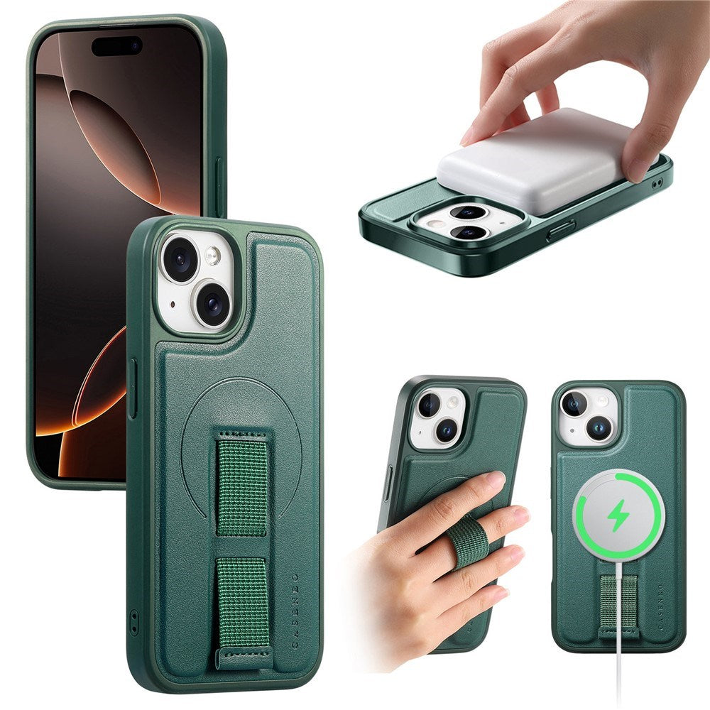 iPhone 15 - Hårdt Plastik Cover m. Kunstlæder Bagside & Fingerrem - MagSafe Kompatibel - Grøn