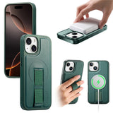 iPhone 15 - Hårdt Plastik Cover m. Kunstlæder Bagside & Fingerrem - MagSafe Kompatibel - Grøn