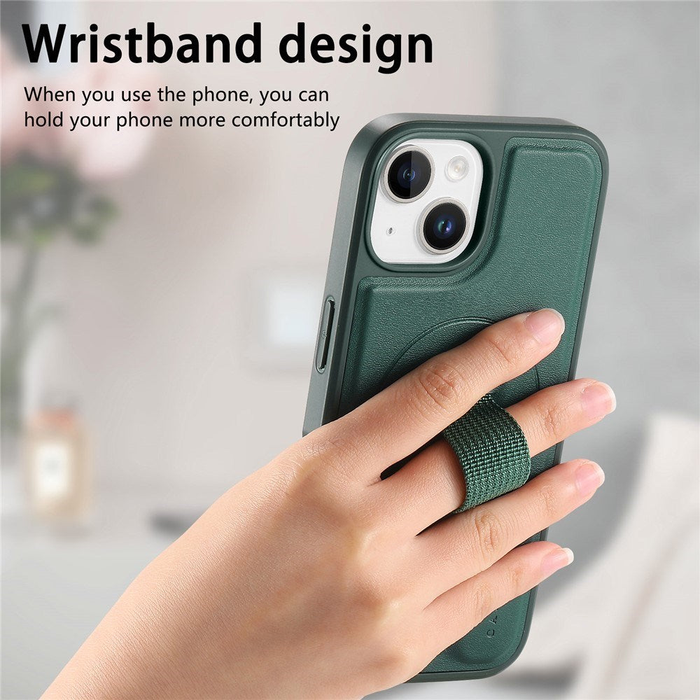 iPhone 15 - Hårdt Plastik Cover m. Kunstlæder Bagside & Fingerrem - MagSafe Kompatibel - Grøn
