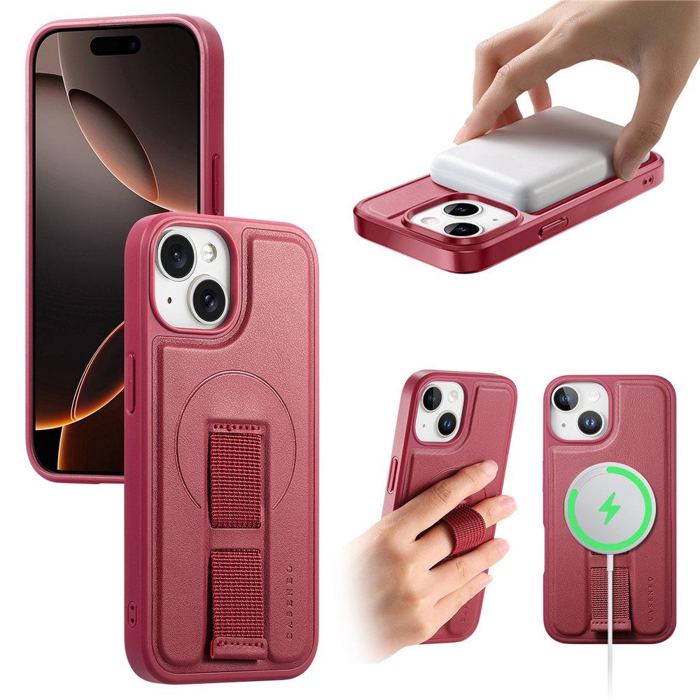 iPhone 15 - Hårdt Plastik Cover m. Kunstlæder Bagside & Fingerrem - MagSafe Kompatibel - Rød