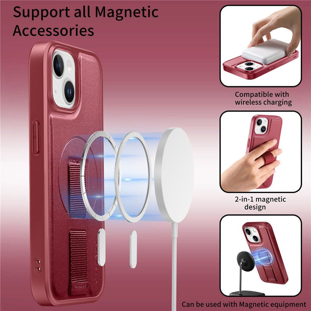 iPhone 15 - Hårdt Plastik Cover m. Kunstlæder Bagside & Fingerrem - MagSafe Kompatibel - Rød