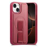 iPhone 14 / 13 - Hårdt Plastik Cover m. Kunstlæder Bagside & Fingerrem - MagSafe Kompatibel - Rød