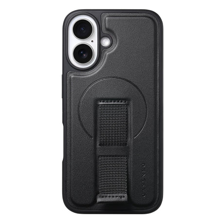 iPhone 16 - Hårdt Plastik Cover m. Kunstlæder Bagside & Fingerrem - MagSafe Kompatibel - Sort