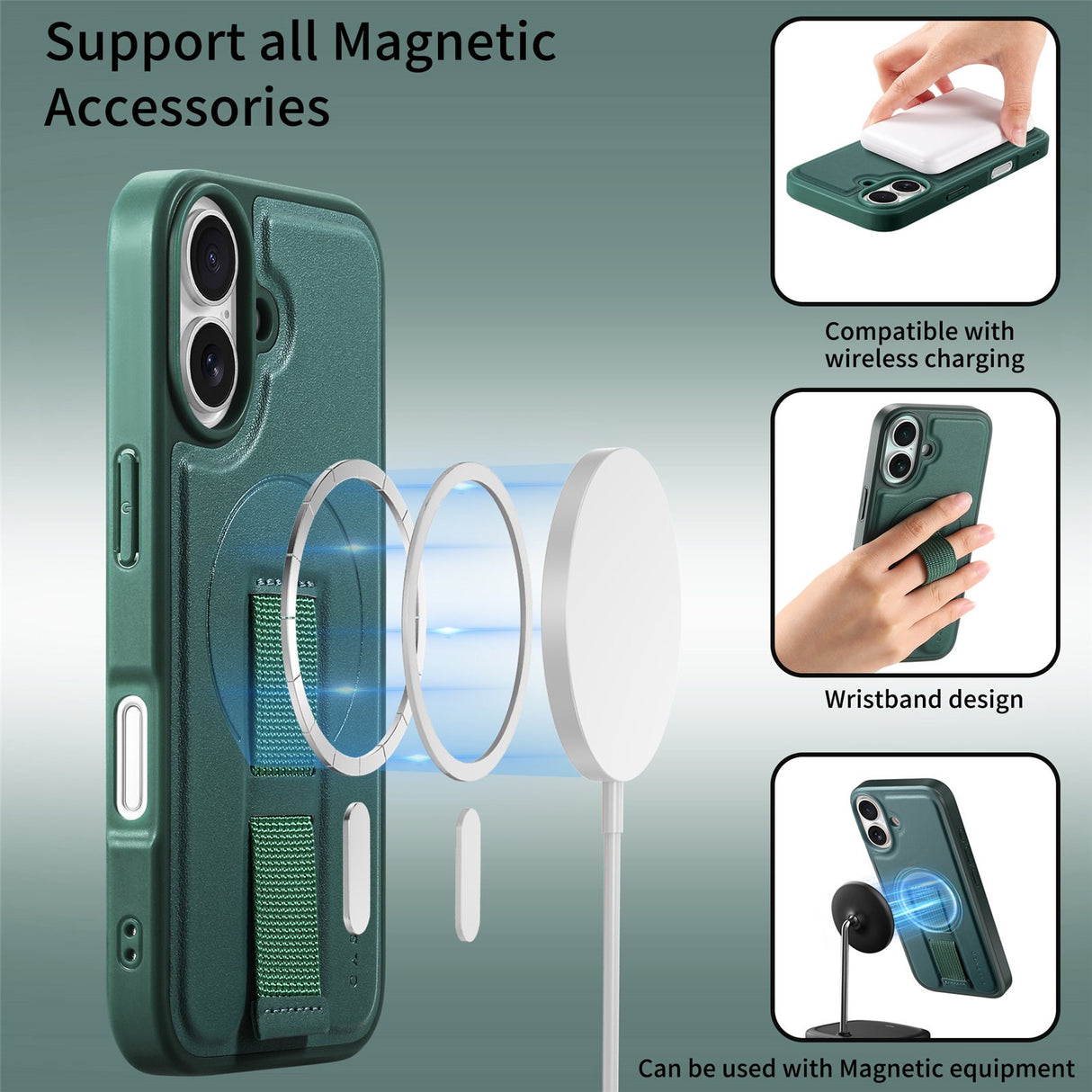 iPhone 16 - Hårdt Plastik Cover m. Kunstlæder Bagside & Fingerrem - MagSafe Kompatibel - Grøn