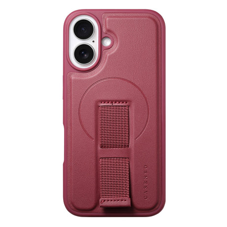 iPhone 16 - Hårdt Plastik Cover m. Kunstlæder Bagside & Fingerrem - MagSafe Kompatibel - Rød