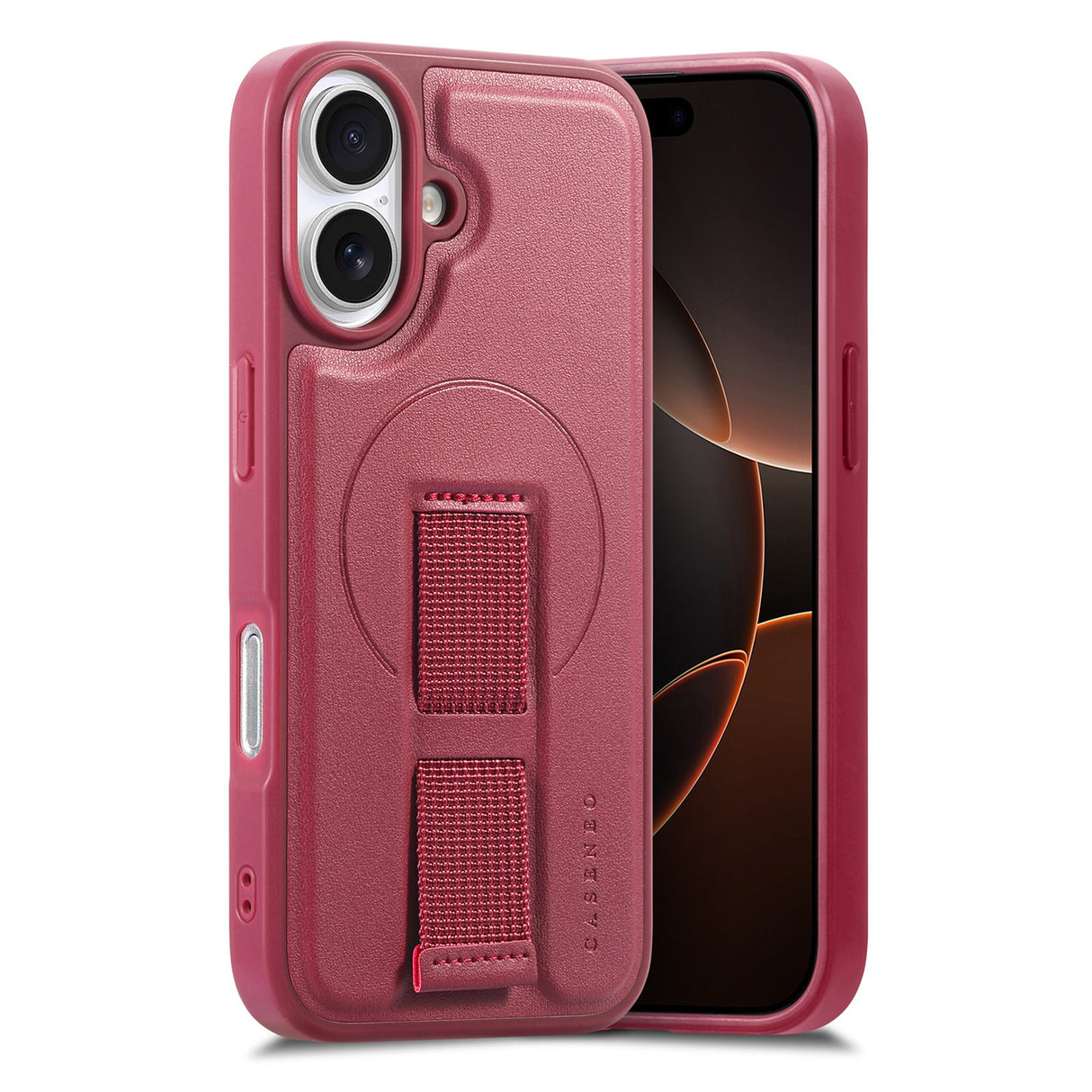 iPhone 16 - Hårdt Plastik Cover m. Kunstlæder Bagside & Fingerrem - MagSafe Kompatibel - Rød