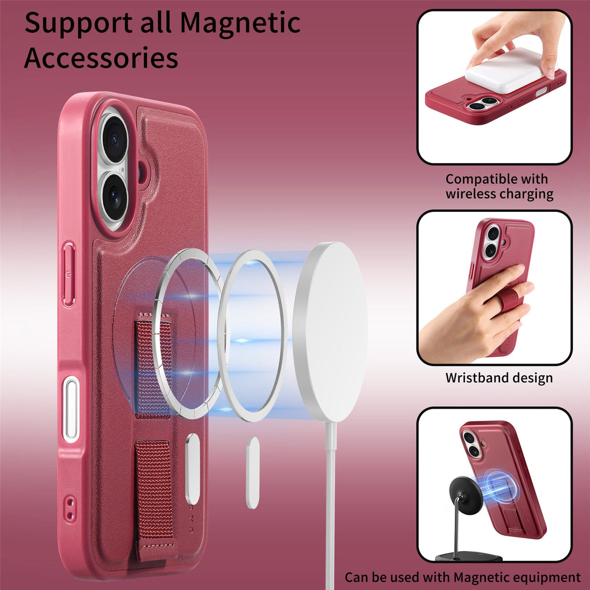 iPhone 16 - Hårdt Plastik Cover m. Kunstlæder Bagside & Fingerrem - MagSafe Kompatibel - Rød