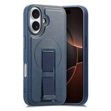 iPhone 16 - Hårdt Plastik Cover m. Kunstlæder Bagside & Fingerrem - MagSafe Kompatibel - Blå