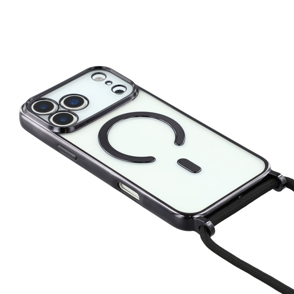 EIDERWOOD iPhone 17 Pro Fleksibelt Plastik Mobil Cover - inkl. Justerbar Strop - MagSafe Kompatibel - Gennemsigtig / Sort