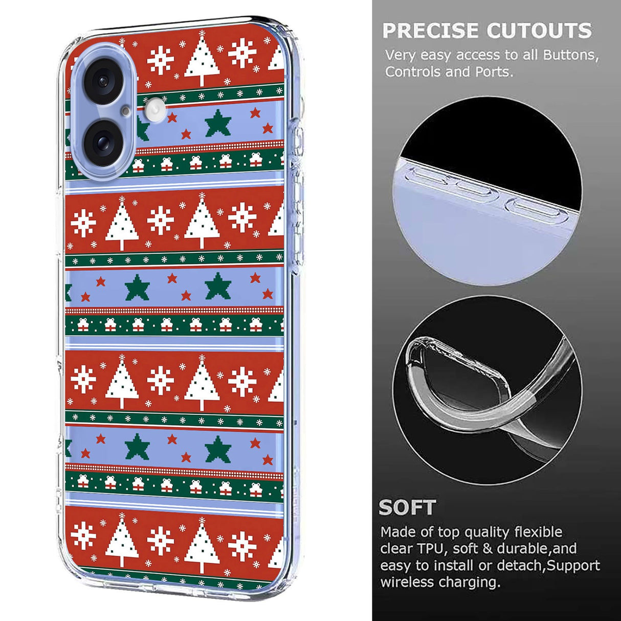 EIDERWOOD iPhone 16 Fleksibelt Plast Jule Mobil Cover - Gennemsigtig / Mønster