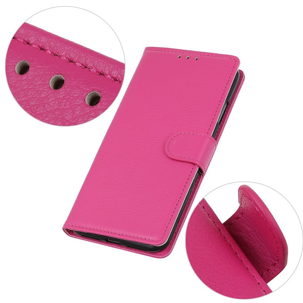 EIDERWOOD Litchi Tekstur Stående Beskyttelsescover til Motorola Moto E14 4G / G04 4G / G04s 4G / G24 4G - Pink