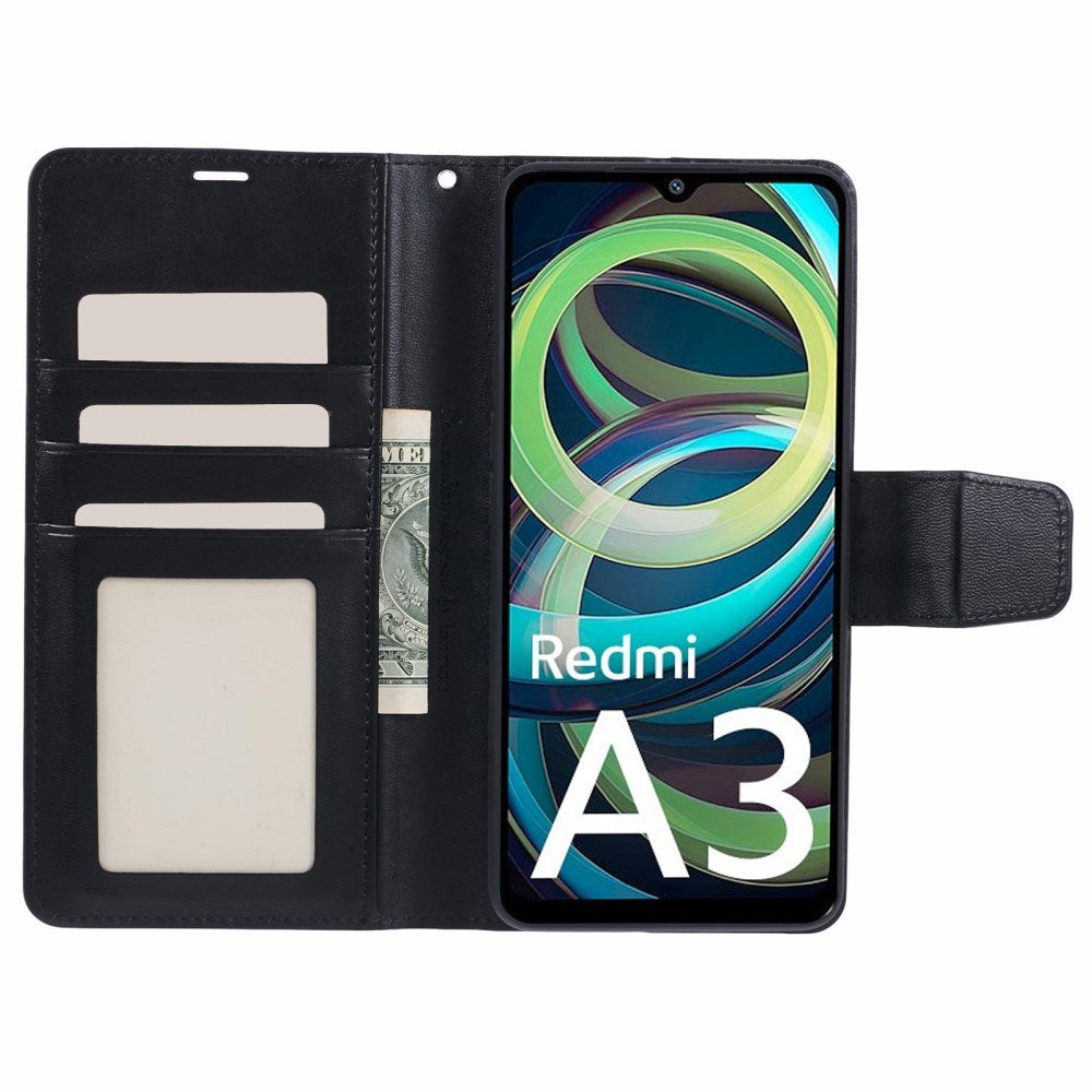 Xiaomi Redmi A3 Kunstlæder Mobil Cover m. Pung & Ståfunktion - Sort