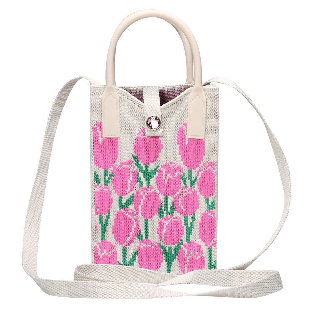 Strikket Crossbody Skuldertaske med Håndtag (180 x 120 mm) - Pink Blomster