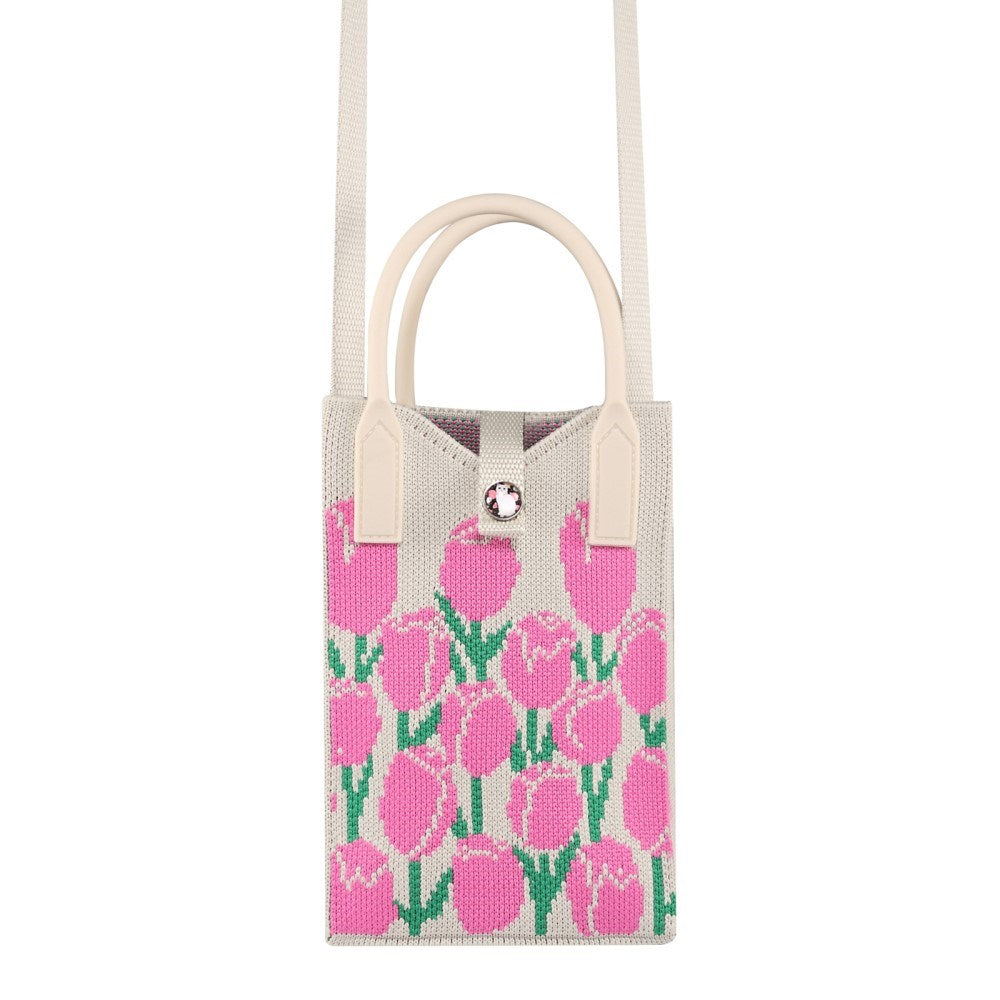 Strikket Crossbody Skuldertaske med Håndtag (180 x 120 mm) - Pink Blomster