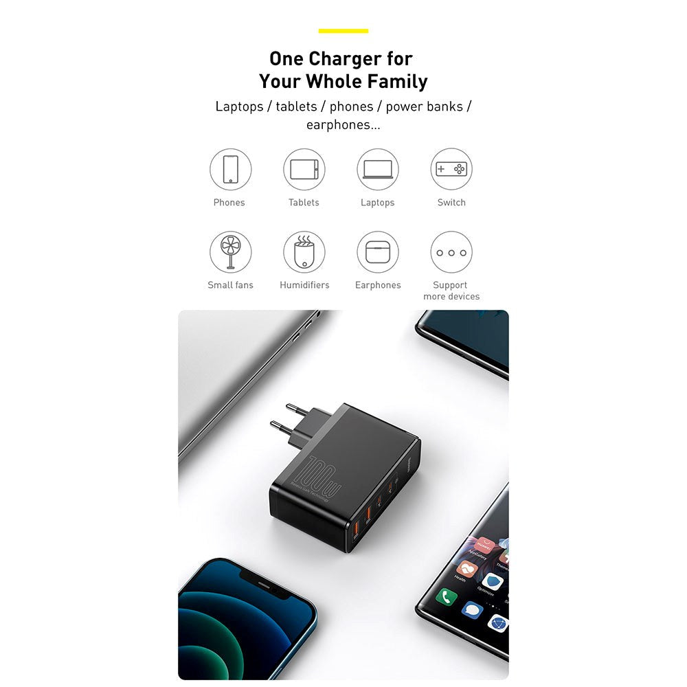 Baseus 100W PD GaN² Pro Fast Charger - Vægoplader m. 2 x USB-C & 2 x USB-A - Hvid (DEMO)