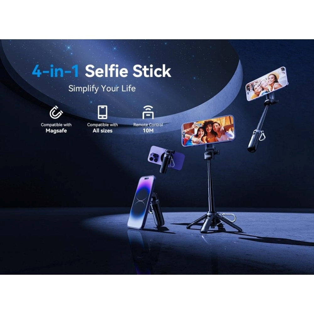 XO SS22 Multifunktionel Selfie Stang - Inkl. Tripod Funktion & Knapudløser - MagSafe Kompatibel - Sort