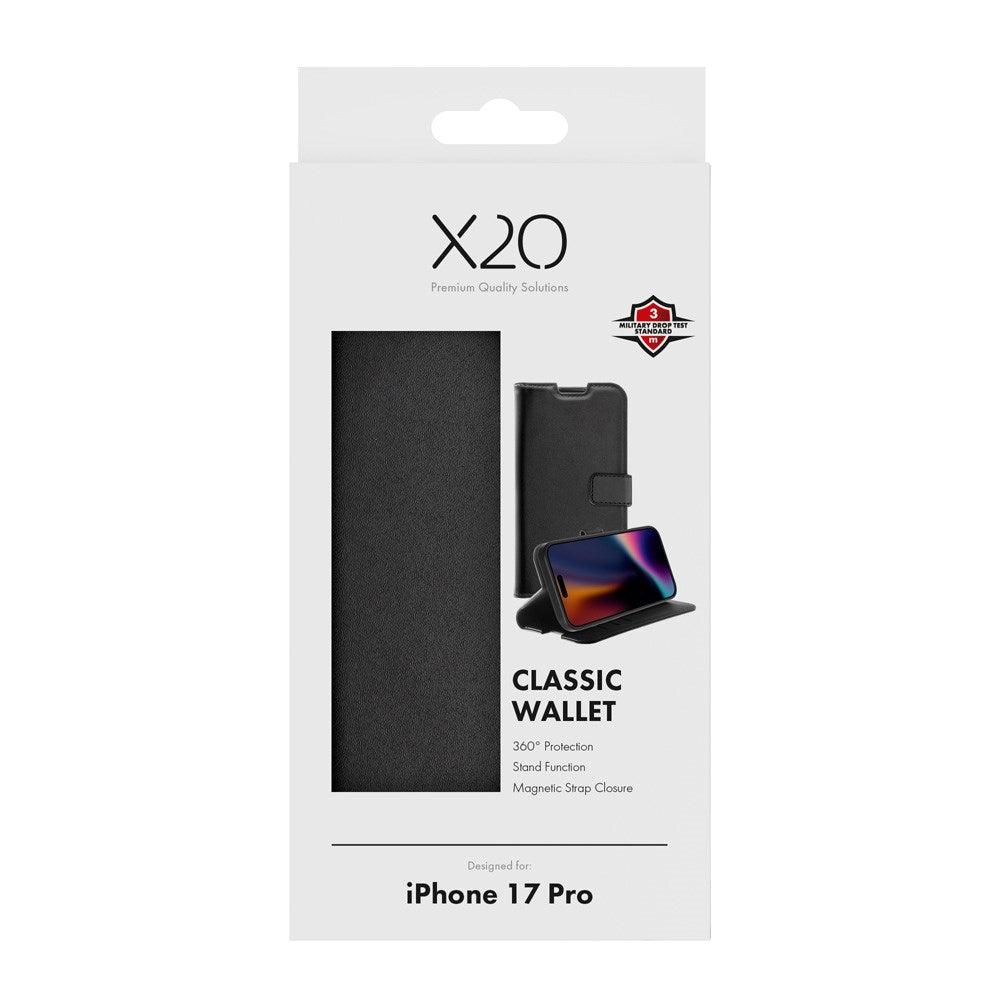 iPhone 17 Pro X2O Classic Wallet Flip Case m. Pung & Ståfunktion - Sort