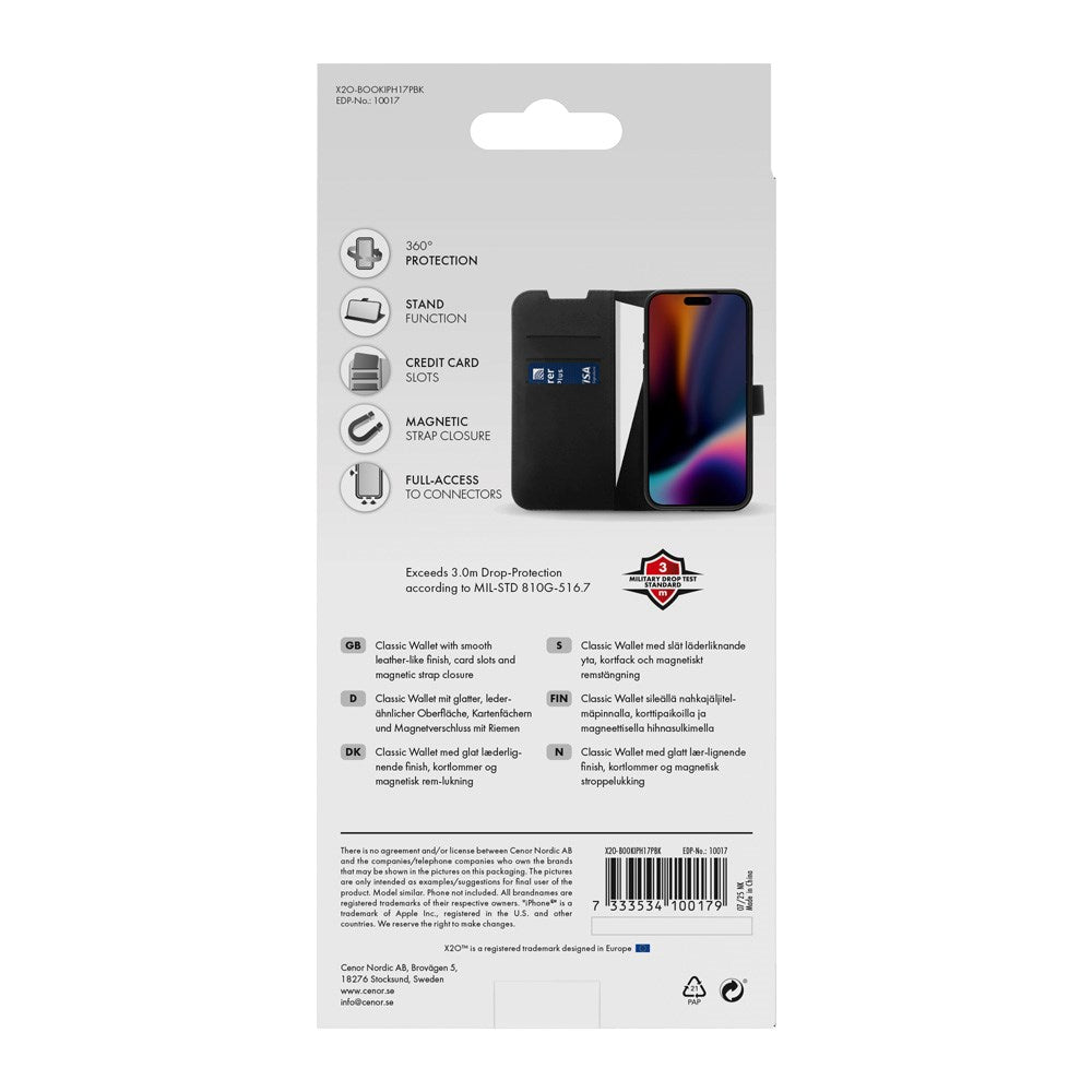 iPhone 17 Pro X2O Classic Wallet Flip Case m. Pung & Ståfunktion - Sort