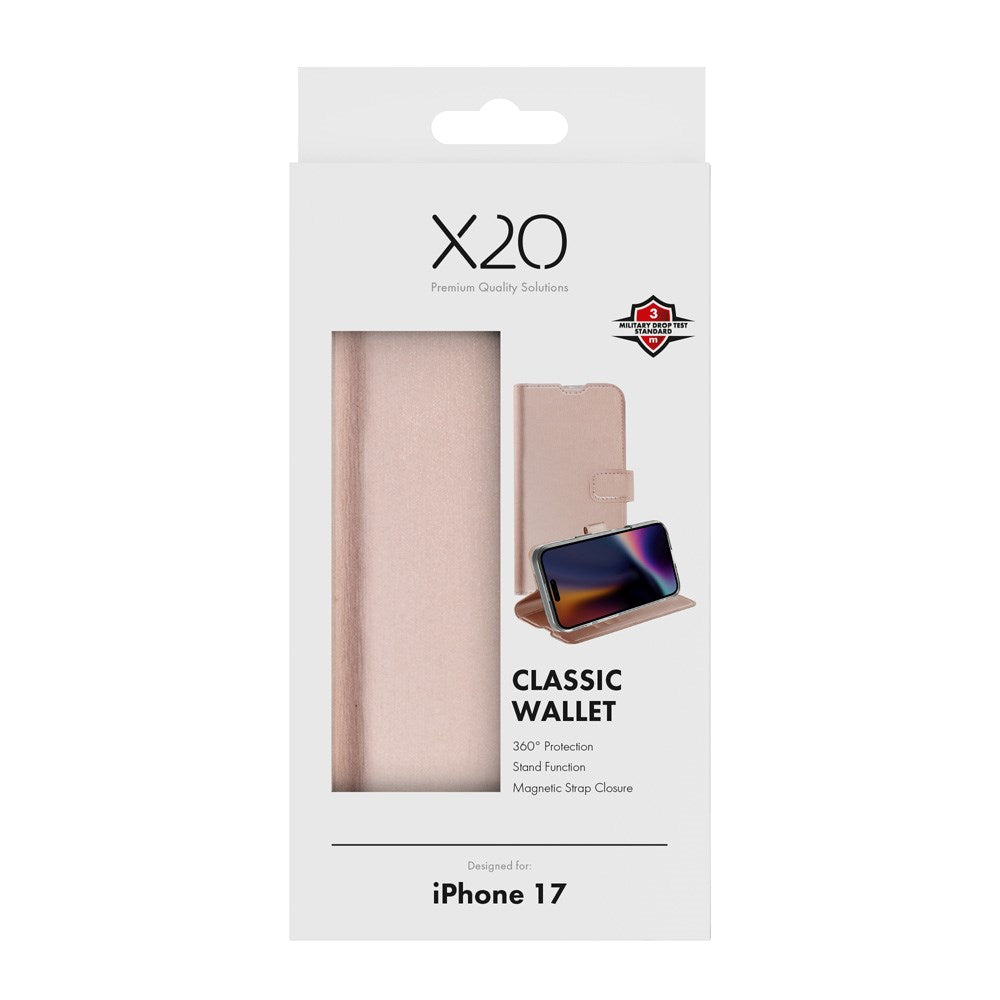 iPhone 17 X2O Classic Wallet Flip Case m. Pung & Ståfunktion - Rose Gold